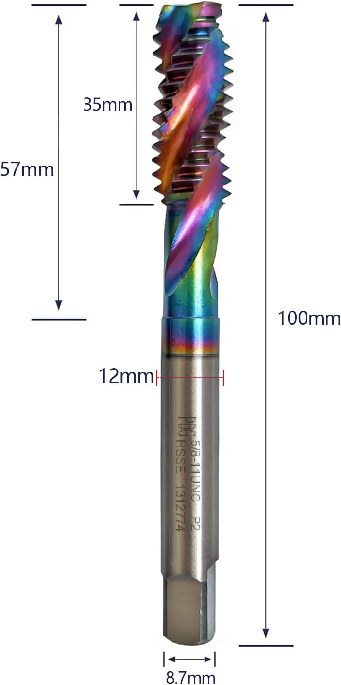 Tools DLC Coating Spiral Flute Taps High Speed Steel (HSSCo) 3 Flutes Tapping Tool Inch Taps Set 5/8-11UNC 1PCS